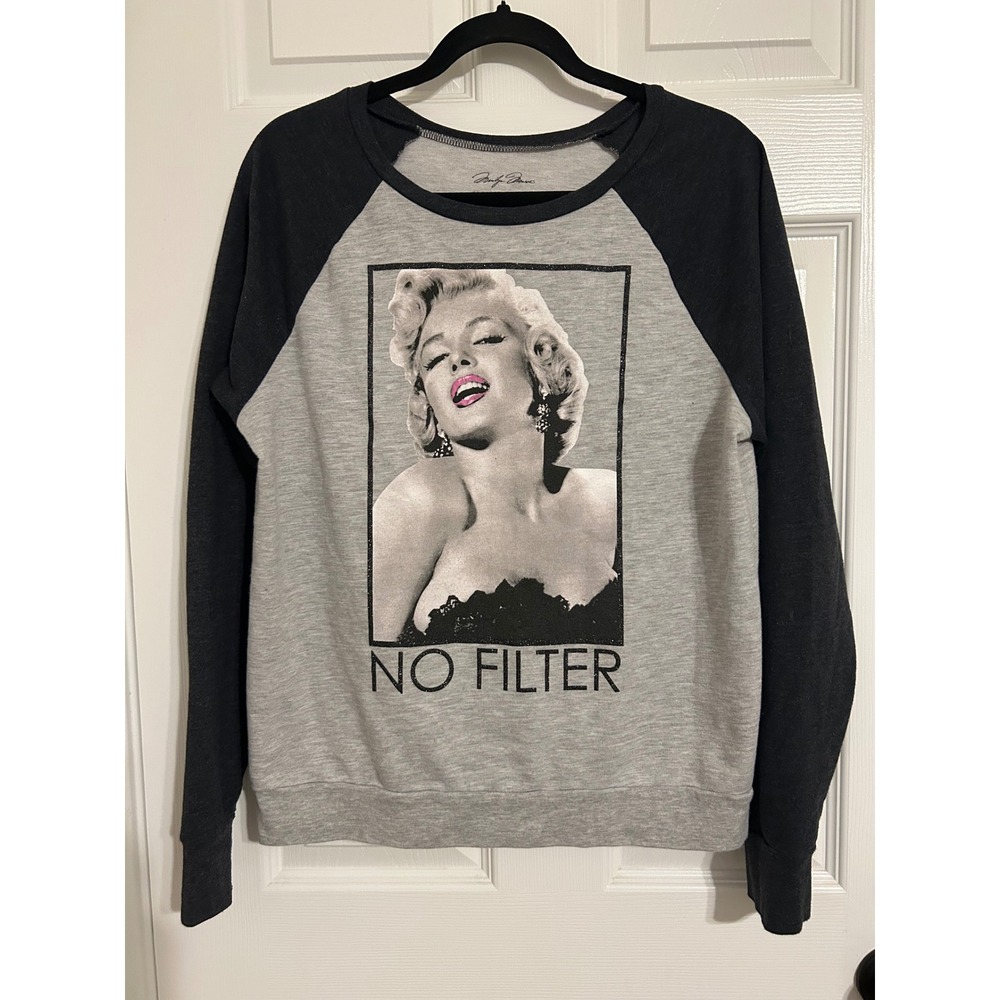 Marilyn Monroe No Filter Graphic Raglan Sweatshirt Gray Black Womens Large L
